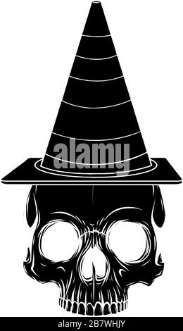 Vector illustration paper sticker Halloween icon witch hat with skull Stock Vector