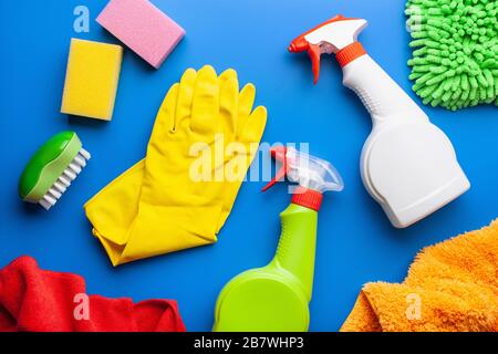 cleaning products household chemicals spray brush sponge glove Stock Photo