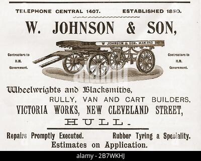 A 1916 advertisement for the Victoria Works, New Cleveland Street, Hull  (England) .W Johnson and son were wheelwrights and blacksmiths making rullys, horse-drawn van and cart manufacturers. They also offered repairs and the fitting of rubber tyres. They also carried out government work. Stock Photo