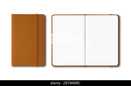 Leather closed and open lined notebooks mockup isolated on white Stock Photo