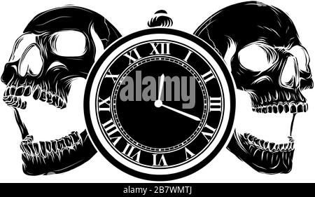 pocket watch with human skull,Time and death concept. illustration line art. Stock Vector