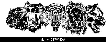 Set of stylized feline heads on grey background. Vector Illustration Stock Vector