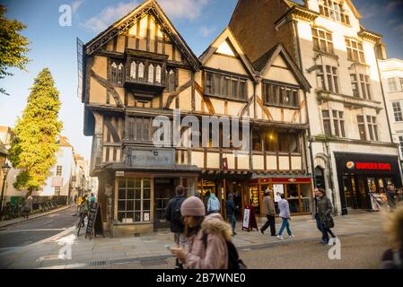 14th century timber frame building on Cornmarket Street in Oxford, England. Stock Photo