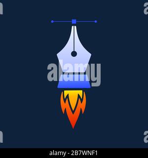 Creative rocket pen tool logo vector design template, with rocket and vector tool pen icon on dark background Stock Vector