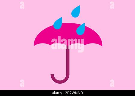 Simple illustration of a pink umbrella with raindrops isolated on light pink background. Umbrella with blue drops symbols for web site design, logo Stock Vector