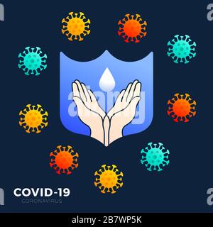 A hand wash icon with blue shield border to represent a way to prevent from the spread of Germs symbol. Concept prevent coronavirus covid-19 vector ii Stock Vector