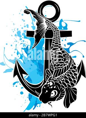 vector silhouette of sea animals with anchor Stock Vector