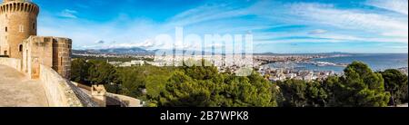 Castell de Bellver with views of the bay of Palma, Palma de Majorca, Majorca, Balearic Islands, Spain Stock Photo