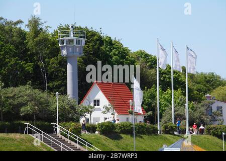 Beach promenade with Baltic Sea border tower, former watchtower of the border brigade Coast of the border troops of the GDR, Kuehlungsborn Stock Photo