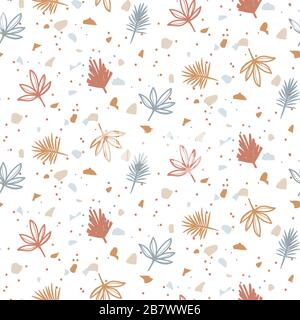 Seamless pattern with plants and terrazzo particles. Vector green blue bright background. Stock Vector