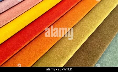 Perspective of a palette of fabric samples of multi-colored shades. Background, texture Stock Photo
