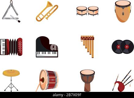 musical instruments string wind percussion icon set vector illustration isolated icon Stock Vector
