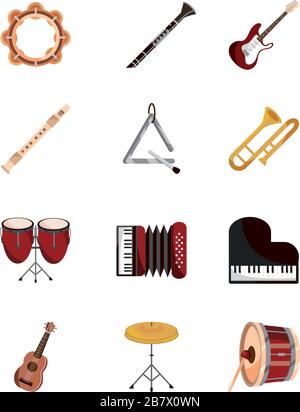 musical instruments string wind percussion icon set vector illustration isolated icon Stock Vector
