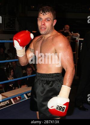 Jack Morris (white/red shorts) defeats Adam Wilcox in Super-Middleweight boxing contest at the Troxy, Limehouse, London, promoted by CityBoxer Stock Photo