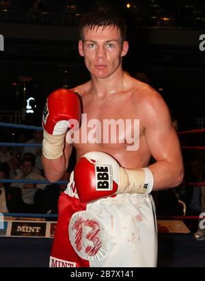 Jack Morris (white/red shorts) defeats Adam Wilcox in Super-Middleweight boxing contest at the Troxy, Limehouse, London, promoted by CityBoxer Stock Photo