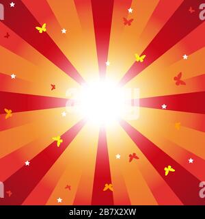 Abstract background of sun rays of red and yellow color with colored butterflies and white stars. Template for text. Vector illustration Stock Vector