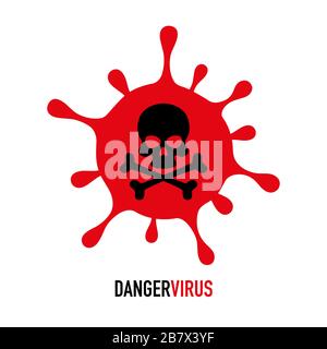 Red virus sign and black skull with crossbones and on a white background. Symbol of danger, infection zone. Vector illustration Stock Vector