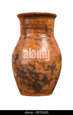 Old jug of red clay on a white background. Isolated object Stock Photo