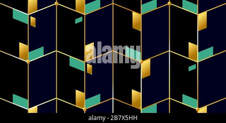 Abstract background of gold lines and geometric, polygonal shapes. gold and emerald rhombuses on a dark background. Vector illustration Stock Vector