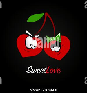 Cherry cartoon with emotions of a couple in love on a black background. Wedding concept, valentines day. Flat illustration, sign, symbol. vector illus Stock Vector