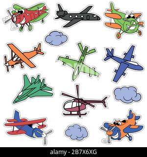 cartoon colored planes, fighter, helicopter, clouds, planes with eyes, for children. stickers with a cutting outline, on a white isolated background. Stock Vector