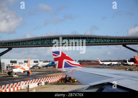 Gatwick Airport England Air Bridge Aeroplane Boeing 747-400 (744) Wing showing Union Jack Design on Wing Tip Stock Photo