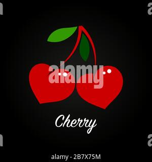 cherries in the form of red hearts with green leaves on a black background. Flat illustration, berry logo. vector illustration Stock Vector
