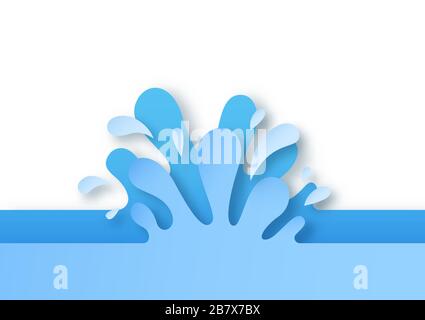 Blue water splash in realistic 3D papercut craft style. Isolated paper cut sea or ocean splashing drops on white background. Stock Vector