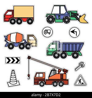 cartoon colored machines. concrete mixer, crane, dump truck , bulldozer, signs. stickers with a cutting outline, on a white isolated background. Stock Vector