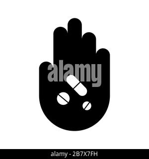 Hand symbol with illustration of pills, vitamins. concept of medicine, dietary supplement. vector stop sign Stock Vector