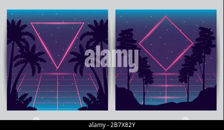 wanderlust poster with trees and palms scenes Stock Vector