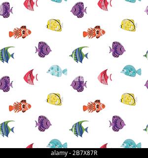 seamless pattern colored tropical Fish, ornamental graphic fish, floral line pattern. Vector. Zentangle doodle. concept for restaurant menu card. Stock Vector