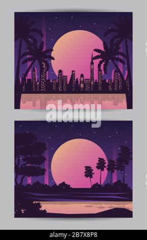 wanderlust poster with landscape and cityscape scenes Stock Vector