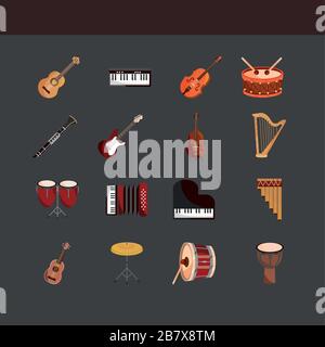 musical instruments string wind percussion icons set vector illustration dark background Stock Vector