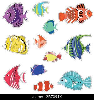 cartoon colored tropical fish. with a Doodle pattern . for children. stickers with a cutting outline, on a white isolated background. Stock Vector