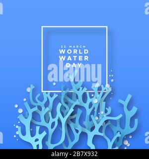 World Water day greeting card illustration of paper cut coral reef landscape with bubbles for nature protection campaign concept. Papercut craft under Stock Vector