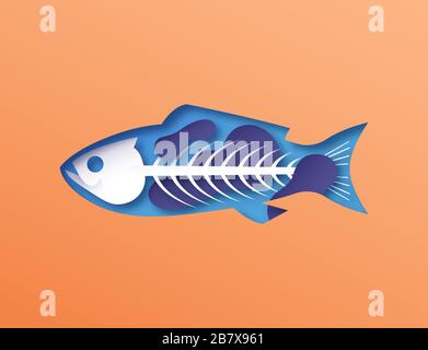 Papercut fish animal with cutout skeleton and toxic pollution inside. 3D paper cut craft concept of dirty ocean water contamination for environment he Stock Vector