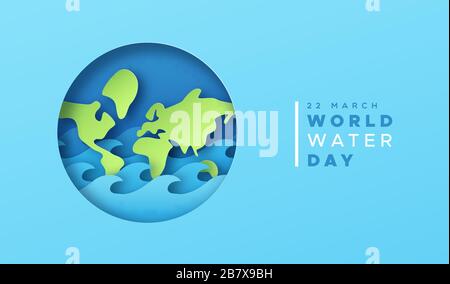 World water day paper cut illustration of earth globe map with ocean waves for rising sea levels or flood disaster concept. Environment care event cam Stock Vector