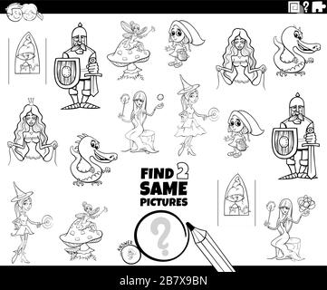 Black and White Cartoon Illustration of Finding Two Same Pictures Educational Game for Children with Comic Fantasy Characters Coloring Book Page Stock Vector