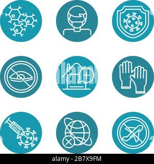 virus covid 19 pandemic respiratory pneumonia disease icons set vector illustration block line style icon Stock Vector