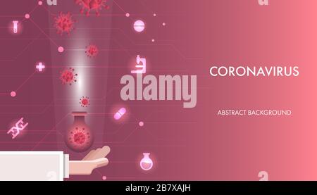 Abstract red coronavirus with scientist's hand and glowing medical icon background. Template for presentation, banner or backdrop. Stock Vector