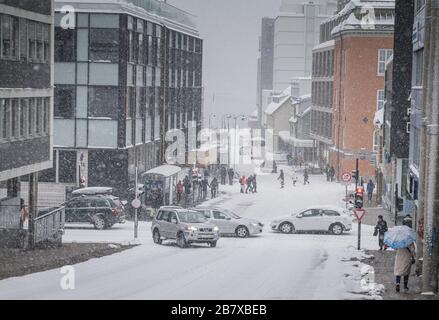 Blizzard hits Tromso city centre, Norway. Stock Photo