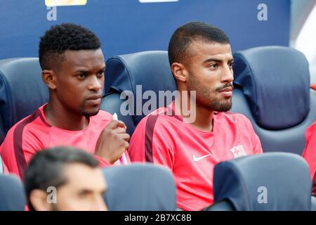 BARCELONA, SPAIN - SEPTEMBER 18:  Nelson Semedo and Rafinha of FC Barcelona during the UEFA Champions League Group B match between FC Barcelona and PS Stock Photo