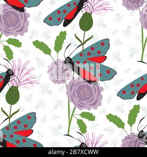 Six spot burnet butterfly seamless vector pattern background. Illustration of day flying moth with bouquet of scabious flower. Scottish insect Stock Vector