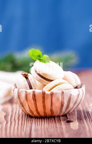 Homemade french vanilla chocolate macaroons or macarons with mint leaf on a classic blue color background Stock Photo