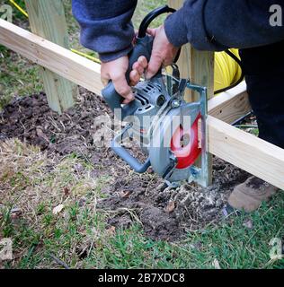 Building a new fence. Carpenter using a circular saw to cut board of wood for new fence. Stock Photo