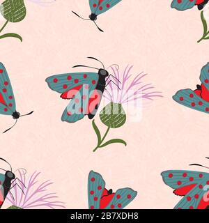 Six spot burnet butterfly seamless vector pattern background. Day flying moth on pink knapweed backdrop. Scottish coastal insect design. All over Stock Vector