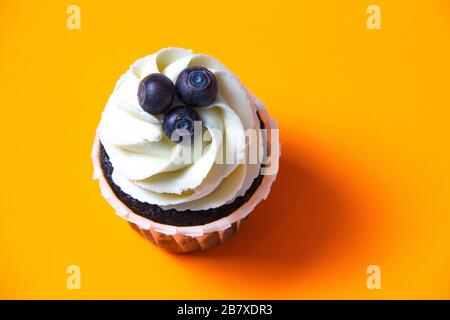 Chocolate muffin with white cream and blueberry on an orange background Stock Photo