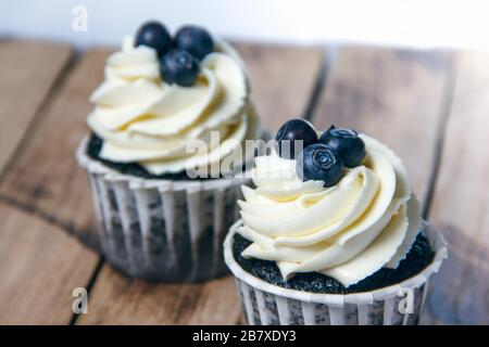 Chocolate cupcakes with white cream and blueberry. Stock Photo