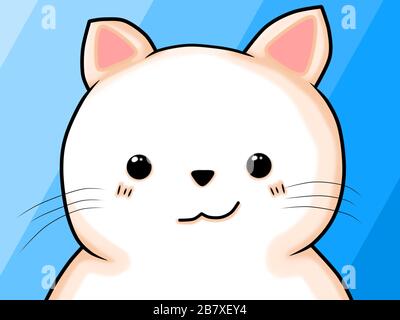Illustration of a cute tender white kitten smiling, on a light blue gradient background Stock Photo